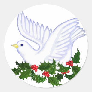 Christmas Dove and Holly Classic Round Sticker