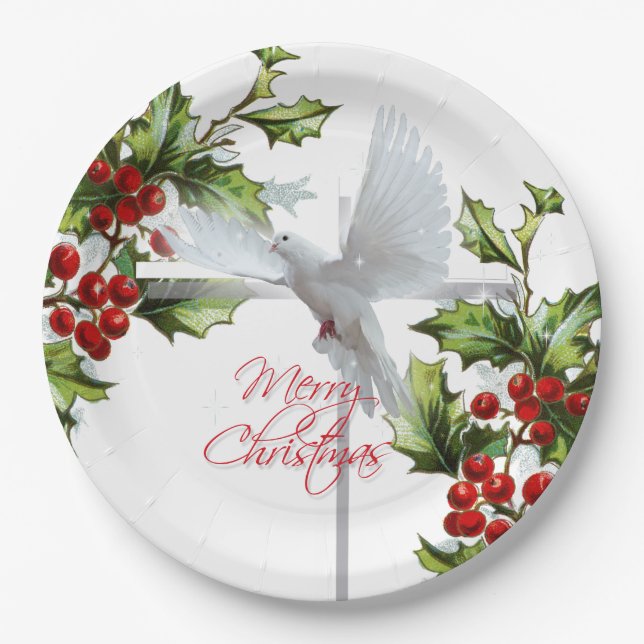 Christmas dove holiday party mistletoe berries paper plate (Front)