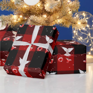 Christmas Dove With Joy On Plaid Wrapping Paper