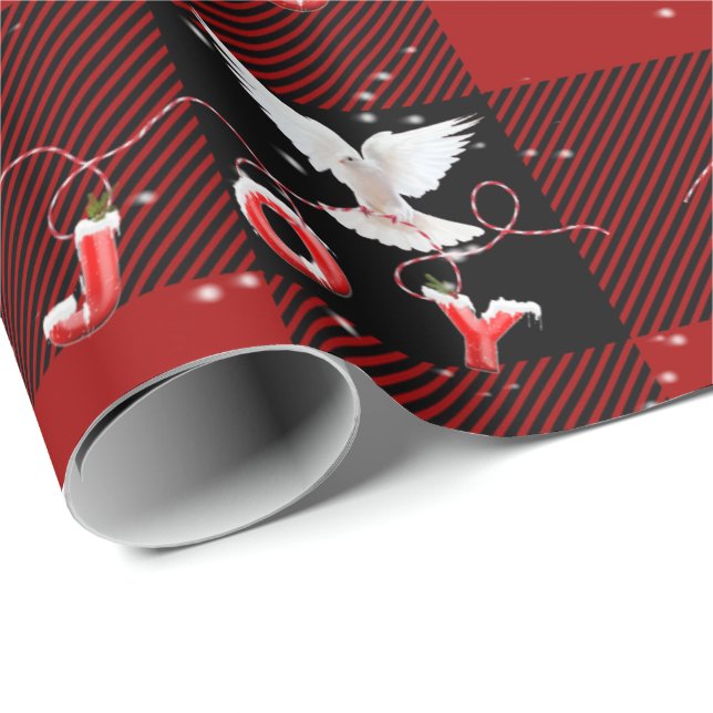 Christmas Dove With Joy On Plaid Wrapping Paper (Roll Corner)