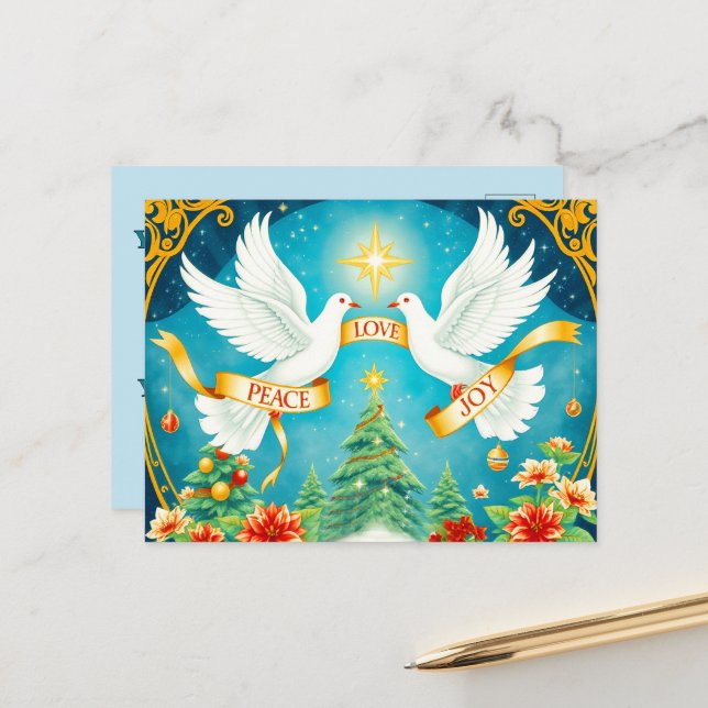 Christmas Doves, Christmas Tree, Love,Peace, Joy Postcard (Front/Back In Situ)