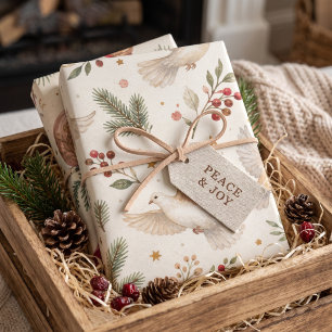 Christmas Doves Cranberry Ribbon Vintage Wrapping Paper Sheet
