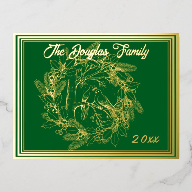 Christmas Doves, Wreath, in Gold with Green Foil Holiday Postcard (Front)