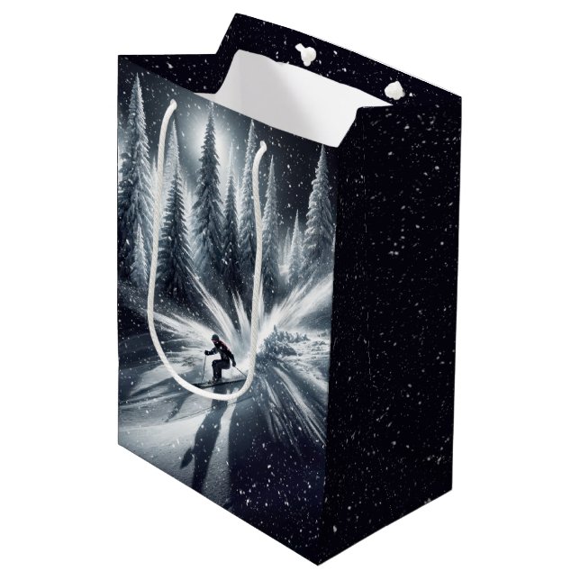 Christmas Downhill Skier In the Moonlight Medium Gift Bag (Front Angled)