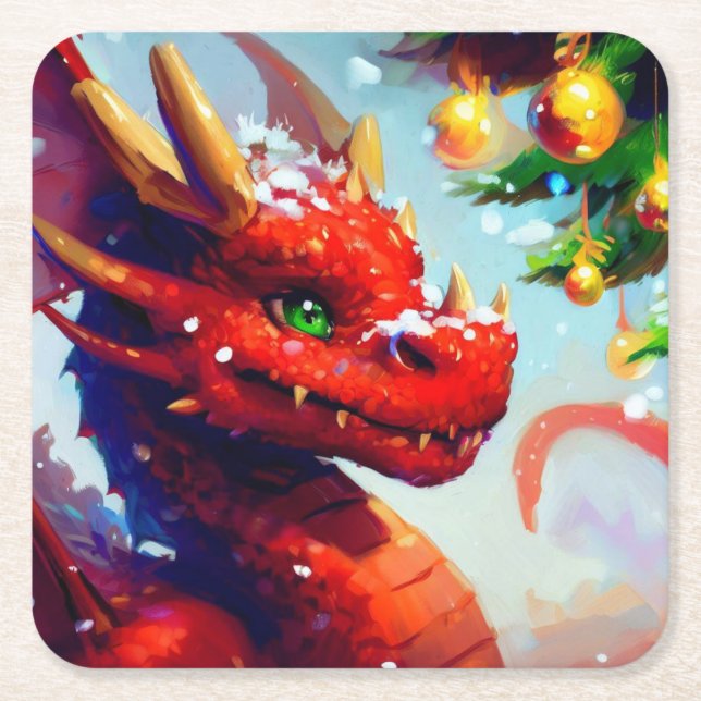 Christmas Dragon 2 Square Paper Coaster (Front)