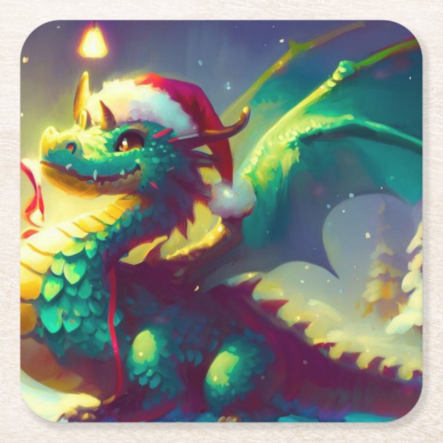 Christmas Dragon 3 Square Paper Coaster (Front)