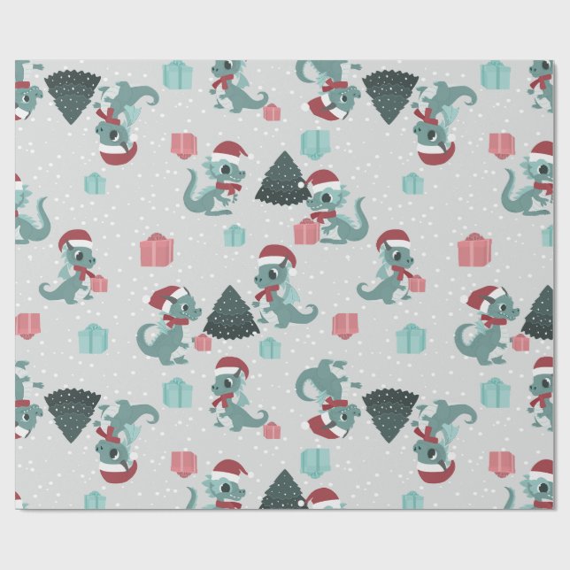 christmas dragon santa winter snow cute xmas wrapping paper (Flat)