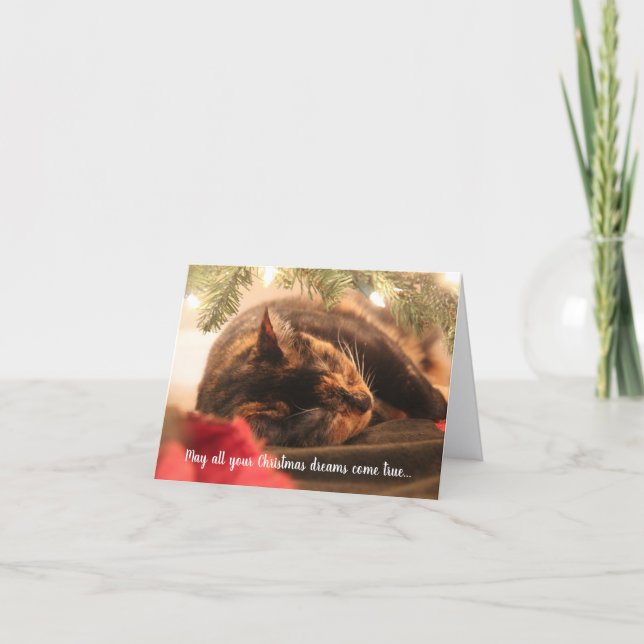 Christmas Dreams Sleeping Calico Cat, Personalized Holiday Card (Front)