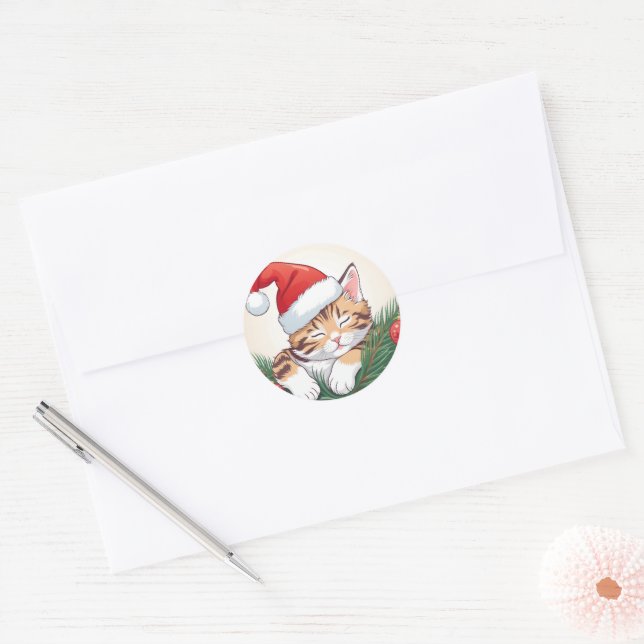 Christmas Dreams - Sleeping Kitten in Santa Hat Classic Round Sticker (Envelope)