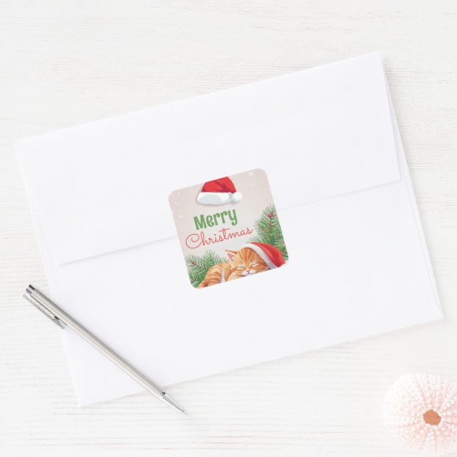 Christmas Dreams - Sleeping Kitten in Santa Hat Square Sticker (Envelope)
