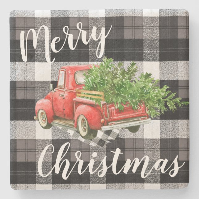Christmas Drink Coasters Red XMAS Truck Plaid (Front)