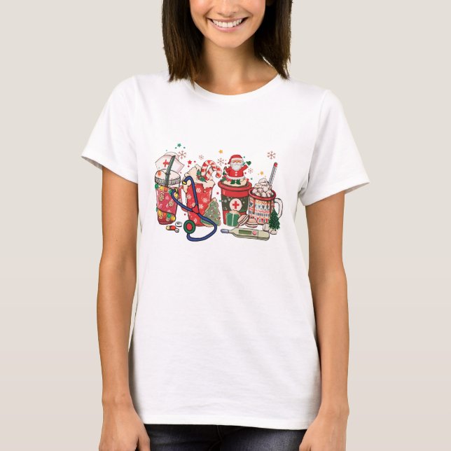 Christmas Drinks Santa Cocoa Hospital Nurse T-Shirt (Front)