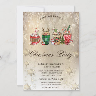 Christmas Drinks Snowflakes Gold Christmas Invitation