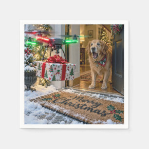 Christmas Drone Delivery with Surprised Dog Napkin