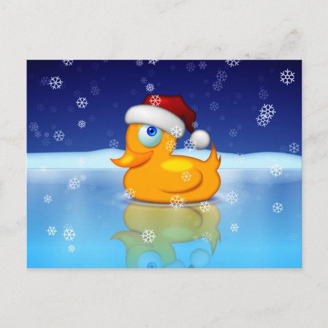 Christmas Duck Wearing A Santa Hat In Snowy Night Holiday Postcard (Front)