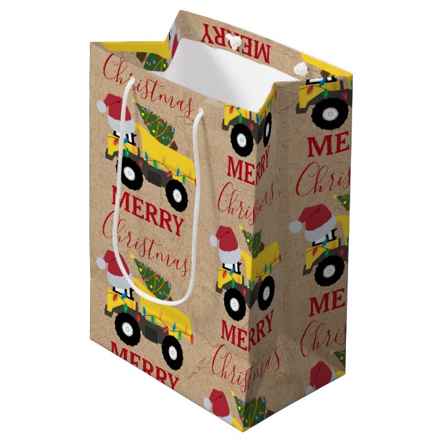 Christmas Dump Truck Construction Trucks Medium Gift Bag (Front Angled)