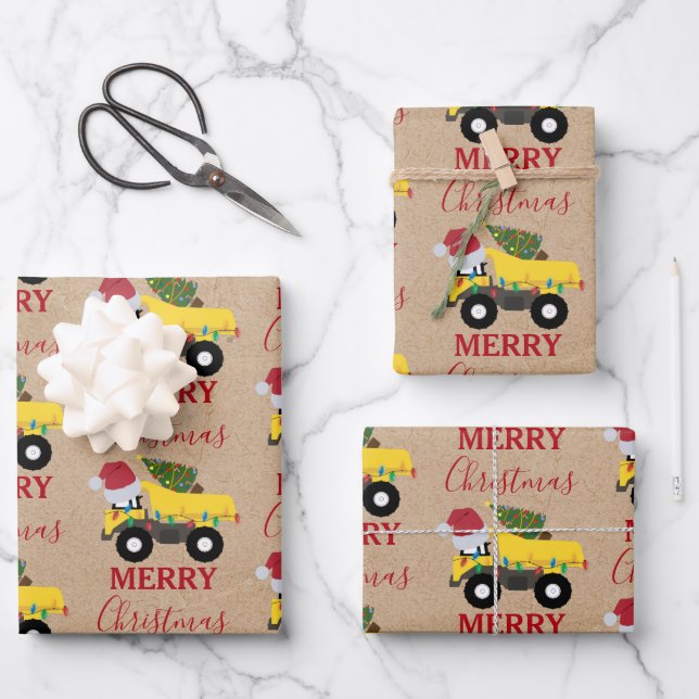 Christmas Dump Truck Construction Trucks  Wrapping Paper Sheet (Front)