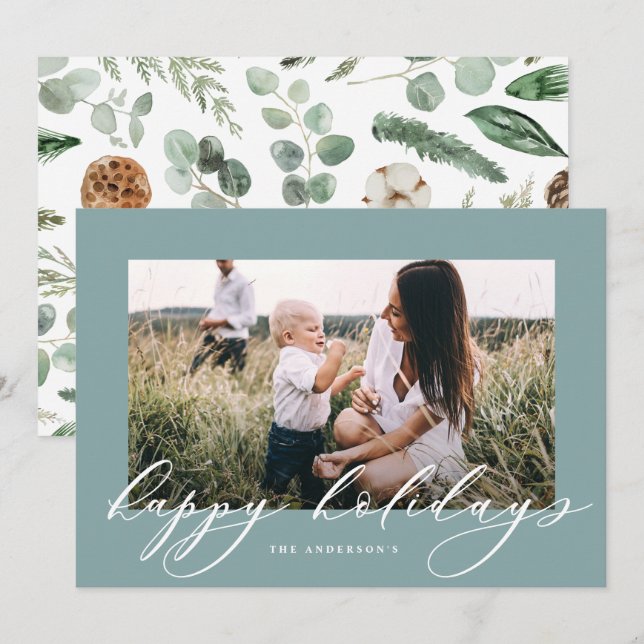 Christmas dusty blue 1 photo botanical script holiday card (Front/Back)
