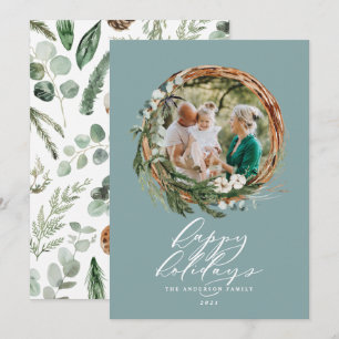 Christmas dusty blue botanical 1 photo elegant  holiday card