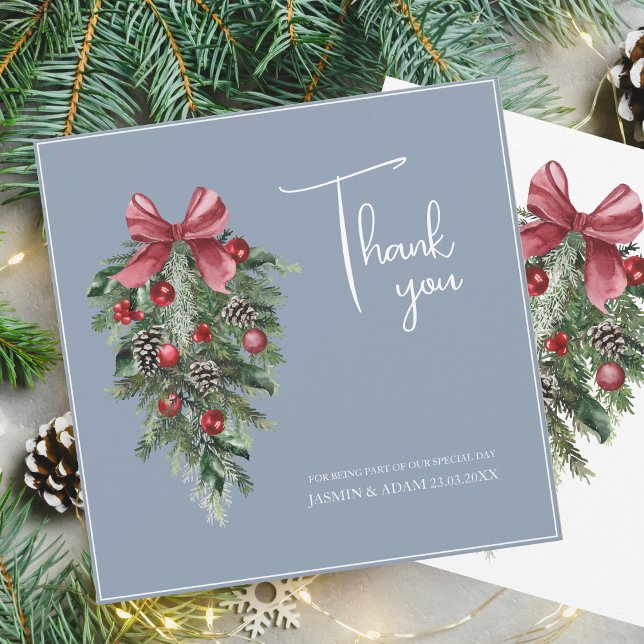 Christmas Dusty Blue Winter Festive Wedding Thank You Card (Creator Uploaded)