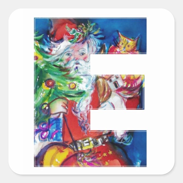 CHRISTMAS E LETTER / SANTA WITH CHRISTMAS TREE SQUARE STICKER (Front)