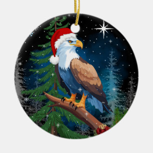 Christmas Eagle Wearing Santa Hat Ceramic Tree Decoration