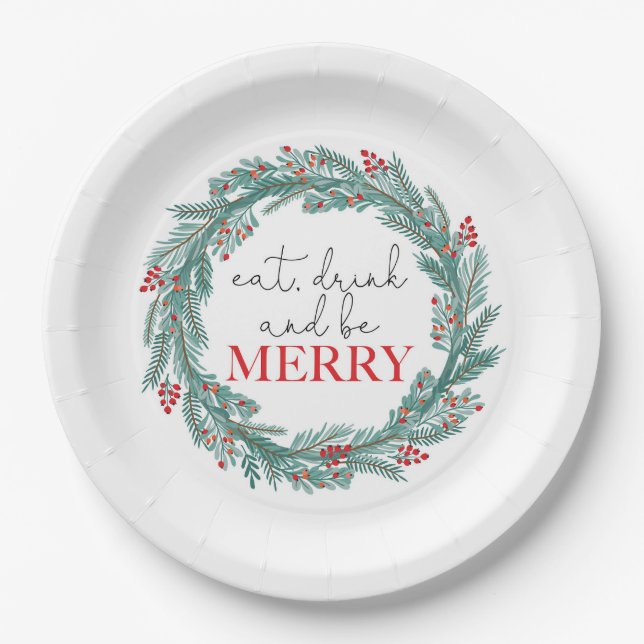 Christmas Eat Drink and Be Merry Wreath Red Party  Paper Plate (Front)