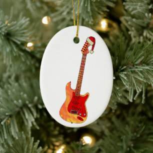 Christmas Electric Guitar Wearing a Santa Hat Ceramic Tree Decoration