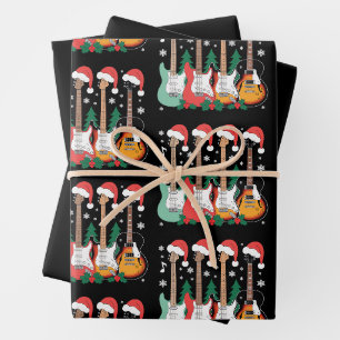 Christmas Electric Guitars Santa Hat Holly Xmas Wrapping Paper Sheet