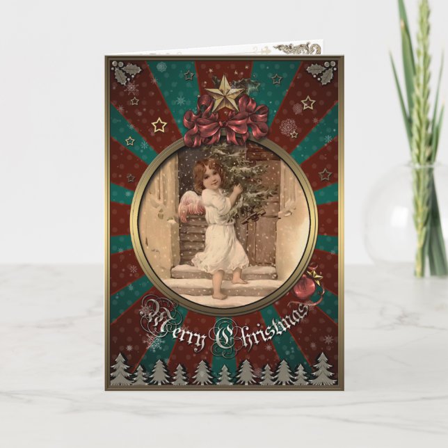 Christmas Elegance Card, angel with Christmas tree Holiday Card (Front)