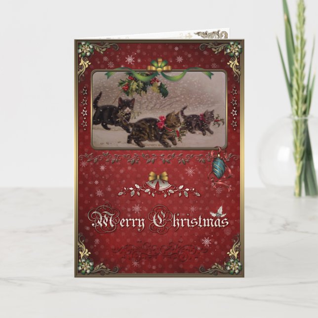 Christmas Elegance Card, Christmas Cats and holly. Holiday Card (Front)
