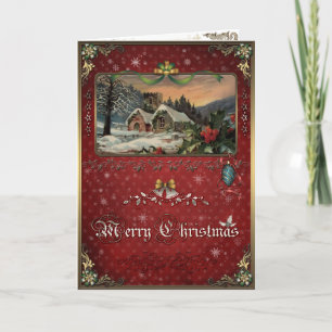 Christmas Elegance Card,  Winter Village and Holly Holiday Card