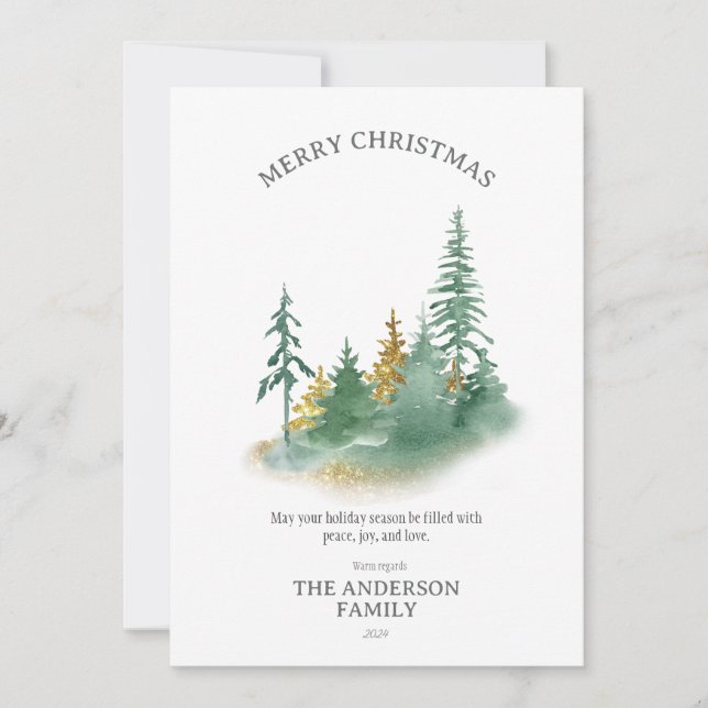 Christmas Elegance: Green and Gold Pine Tree  Holiday Card (Front)