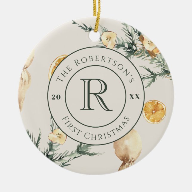Christmas Elegance: Monogrammed Newlywed Ceramic Tree Decoration (Front)