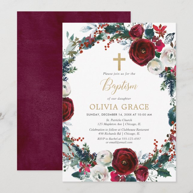 Christmas elegant burgundy gold girl baptism invitation (Front/Back)