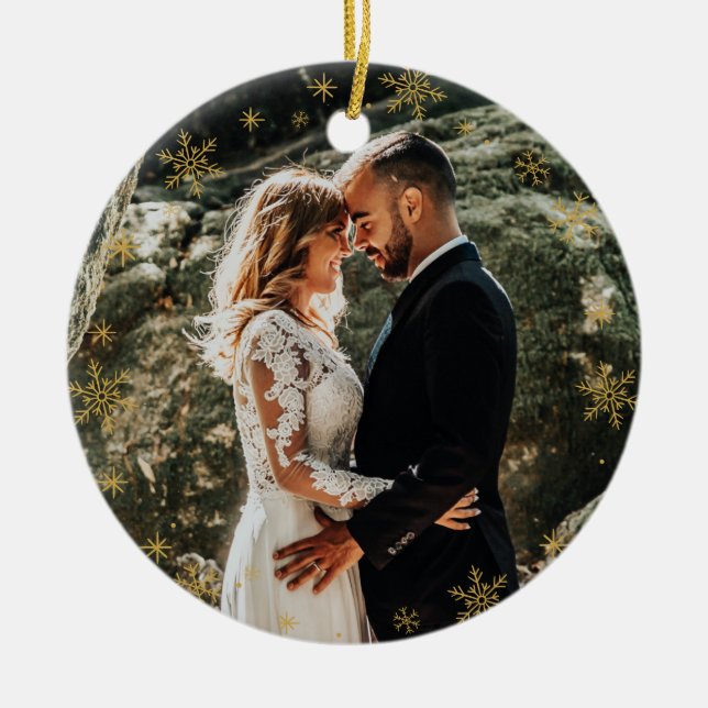 Christmas elegant custom Photo + Monogram on white Ceramic Tree Decoration (Front)