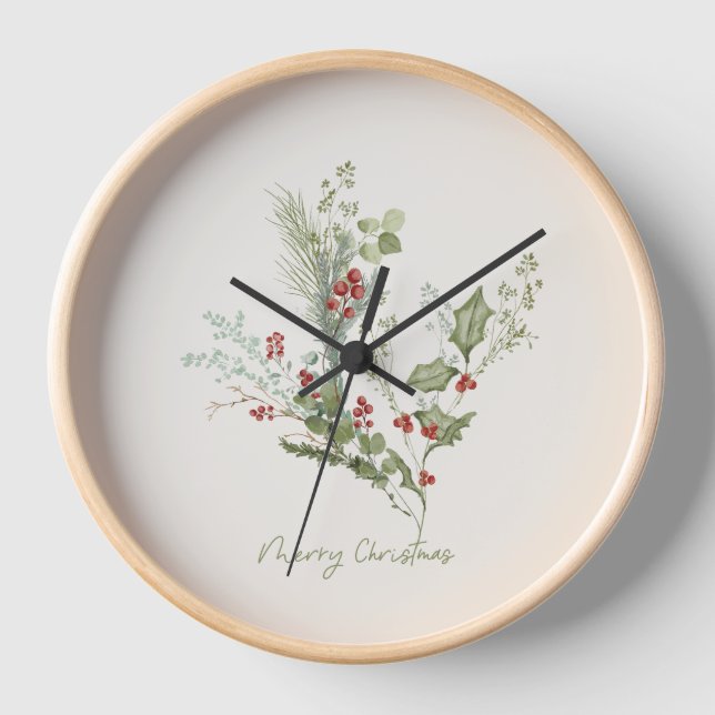 Christmas Elegant Festive Botanical Holiday Clock (Front)