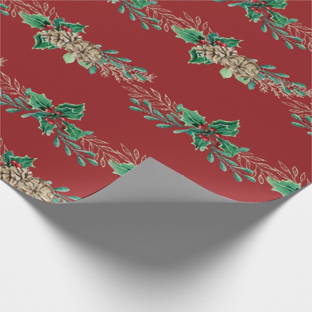 Christmas Elegant Garland Holly Berry Pine Foliage Wrapping Paper (Corner)