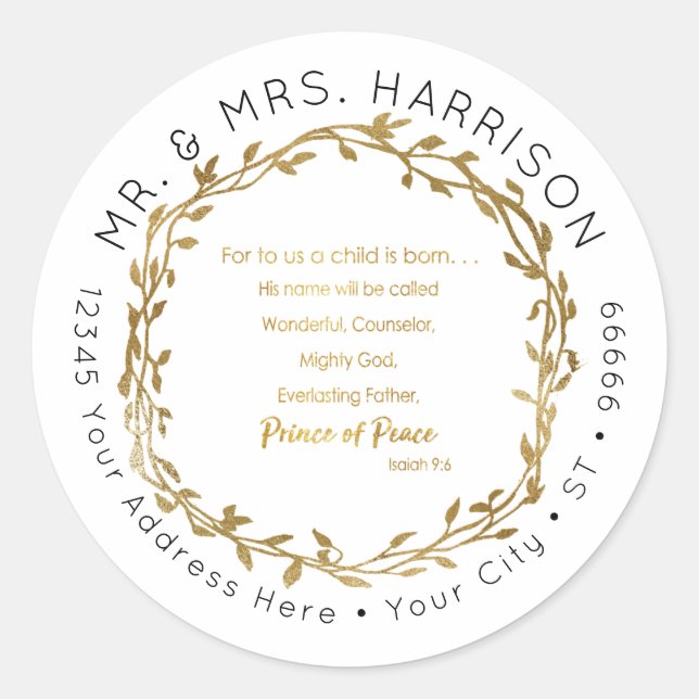 Christmas Elegant Gold Christian Scripture Address Classic Round Sticker (Front)