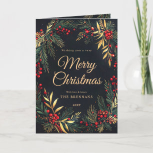 Christmas Elegant Green Red Gold Botanical Festive Holiday Card