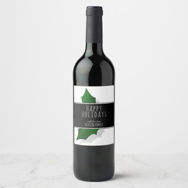 Christmas Elegant Holly Tree Berry Personalizable Wine Label (Front)
