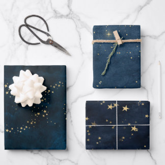 Christmas elegant luxury gold stars pattern blue wrapping paper sheet
