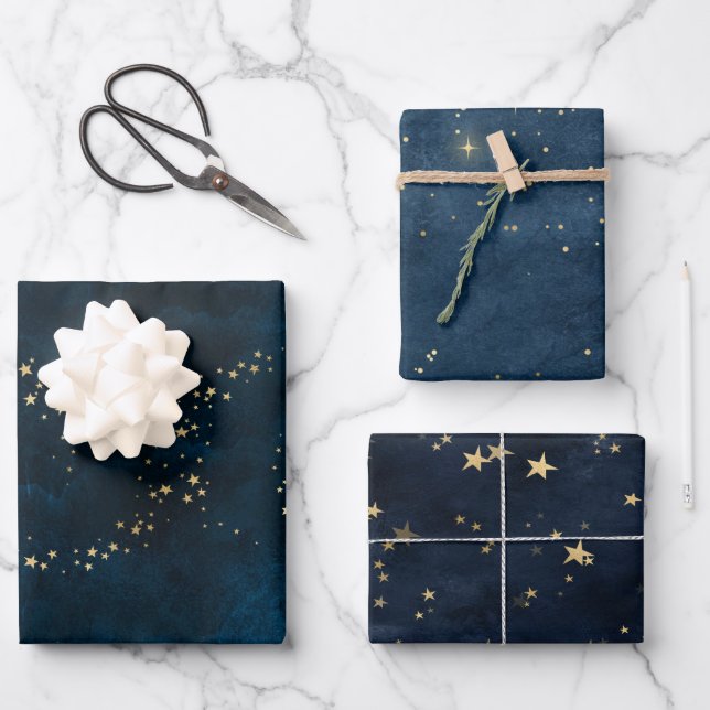 Christmas elegant luxury gold stars pattern blue wrapping paper sheet (Front)
