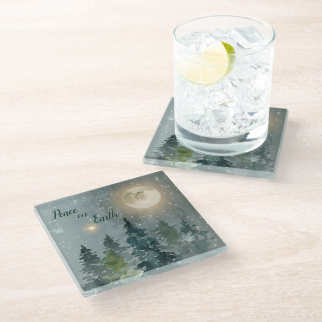 Christmas Elegant Peace on Earth Watercolor Glass Coaster (Angled)