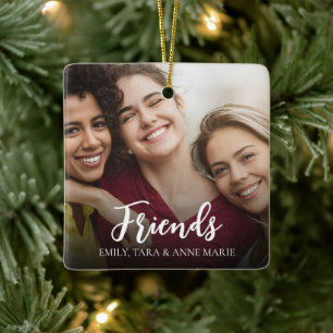 Christmas Elegant Photo Friends Calligraphy Script Ceramic Ornament