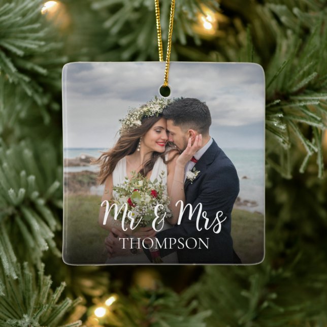 Christmas Elegant Photo Mr. and Mrs. Simple Ceramic Ornament (Tree)