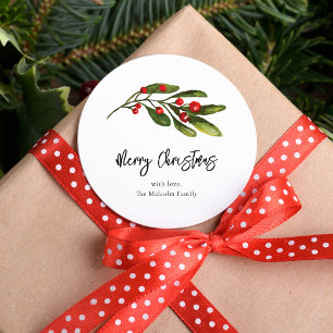 Christmas Elegant Red Berries Script Family Classic Round Sticker