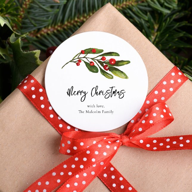 Christmas Elegant Red Berries Script Family Classic Round Sticker (Christmas Red Berries Greenery Circle Sticker)