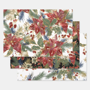 Christmas Elegant Red Gold Poinsettias Evergreens Wrapping Paper Sheet