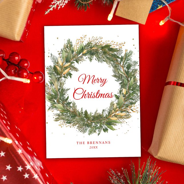 Christmas Elegant Red Green Botanical Wreath Holiday Card (Christmas Elegant Red Green Botanical Wreath Holiday Card)